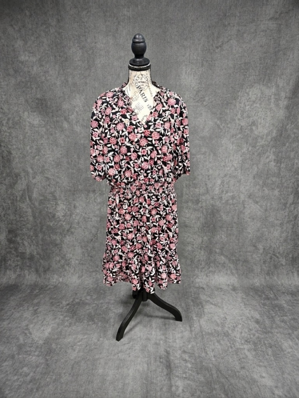 Ophelia Roe Floral Midi Dress 1X Plus Size Smocked Ruffle Boho Cottagecore Black